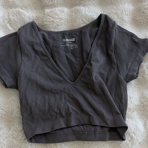 Garage Charcoal Ribbed V-Neck Crop Top